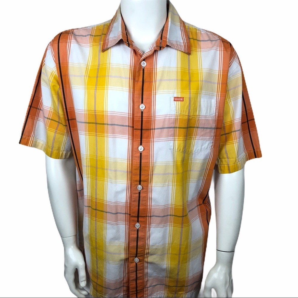 ENYCE Mens Casual Button-Down Shirt - Short Sleeve - Orange Yellow White - Sz Lg